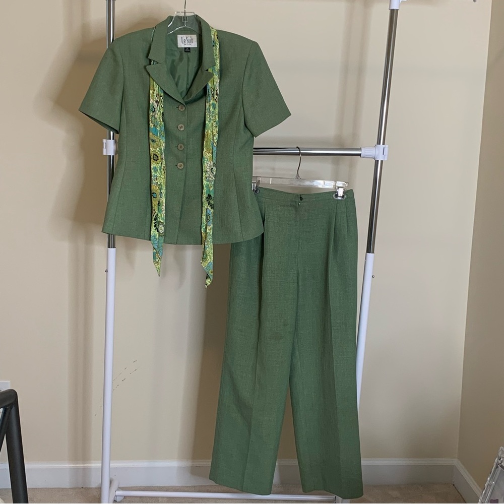 Green Women’s Two-Piece LeSuit Pant and Jacket combo with matching scarf